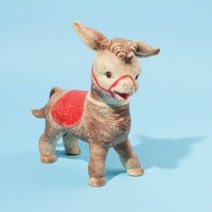 Vintage large squeak toy doll Sun Rubber Co donkey red saddle swivel head 60s